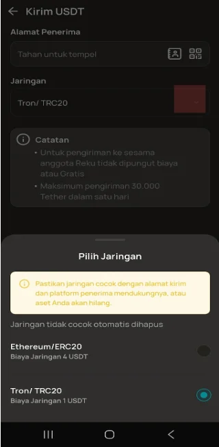 Kirim USDT - Pilih Jaringan